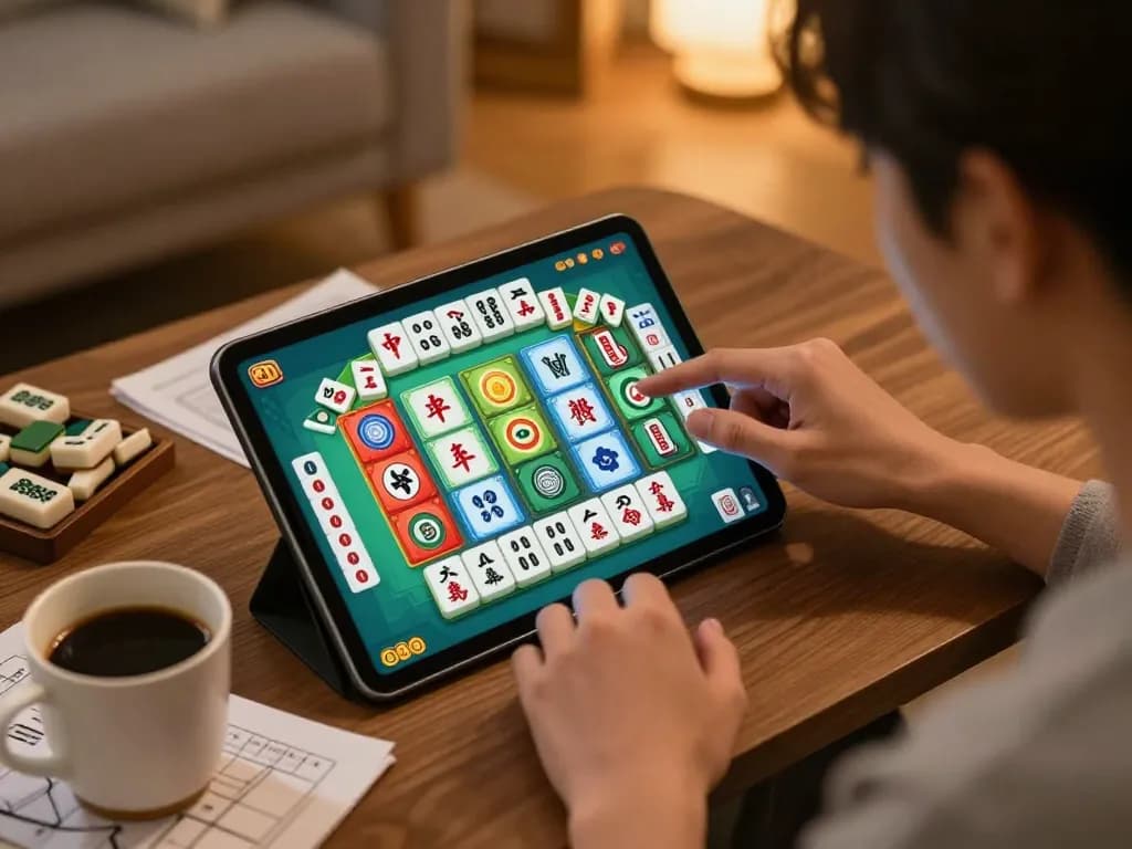 Playing Mahjong on a tablet in a cozy setting while focusing on online gaming strategy