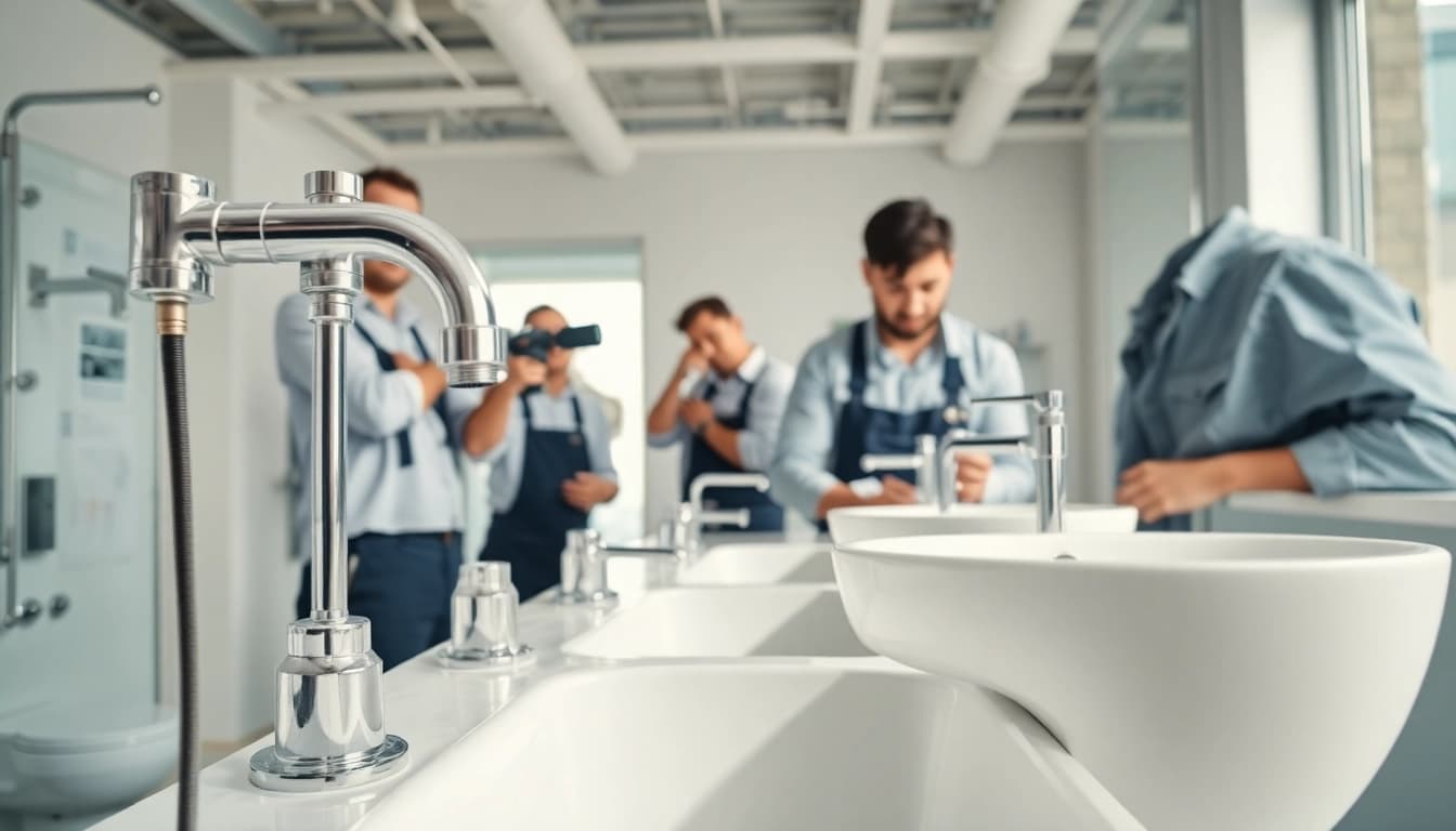 Sonni sanitär GmbH installation experts working on a modern bathroom project.