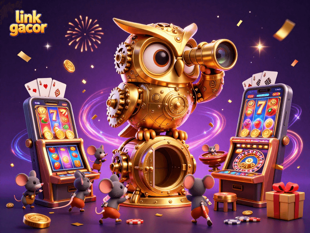 Experience link gacor with a whimsical golden owl and lively casino scene full of excitement.