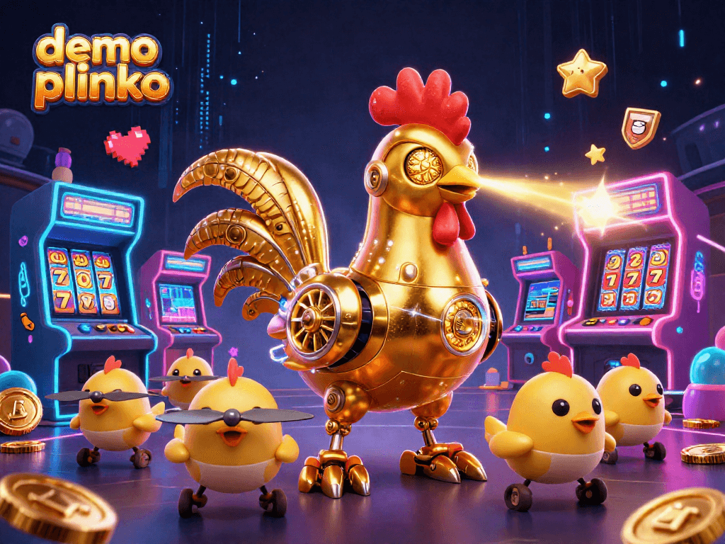 Experience demo plinko with a vibrant 3D illustration featuring a golden rooster robot amidst arcade game elements.