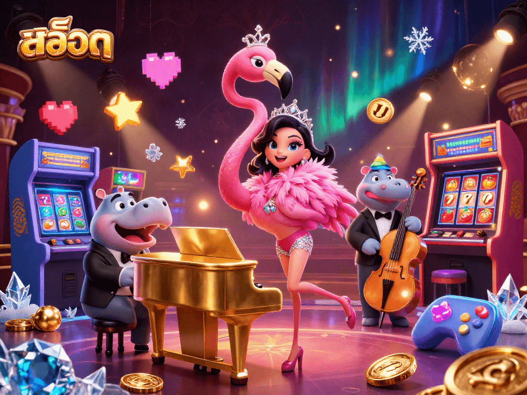 Spin the สล็อต reels with vibrant characters in a dazzling casino scene featuring jackpots and coins.