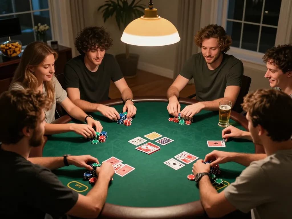 Friends enjoying a poker night at home showcasing FAFA828 gaming strategies in action.