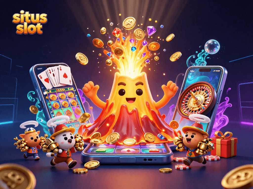 Gambar situs slot yang menunjukkan letusan gunung berapi emas dengan koin berkilauan.