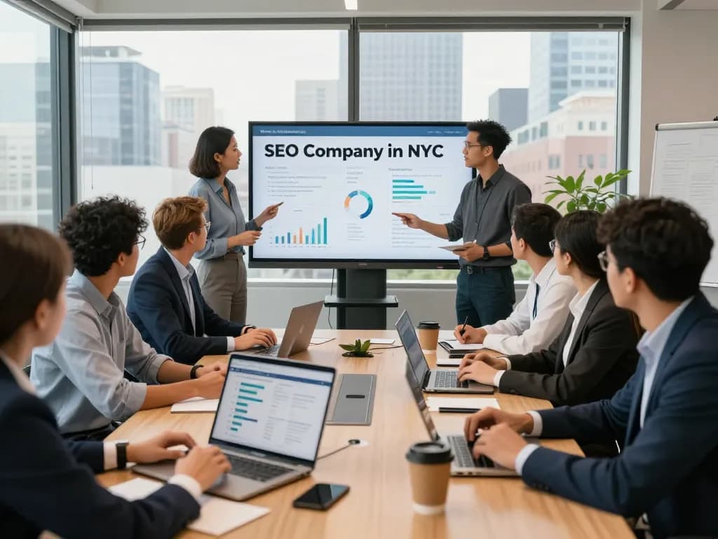 Team collaboration in an SEO Company in NYC working on digital marketing strategies.