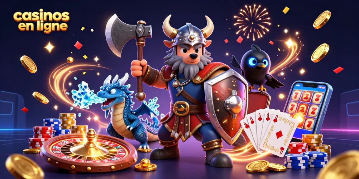 Gagnez avec des casinos en ligne dans une scène animée de guerrier viking et dragon.