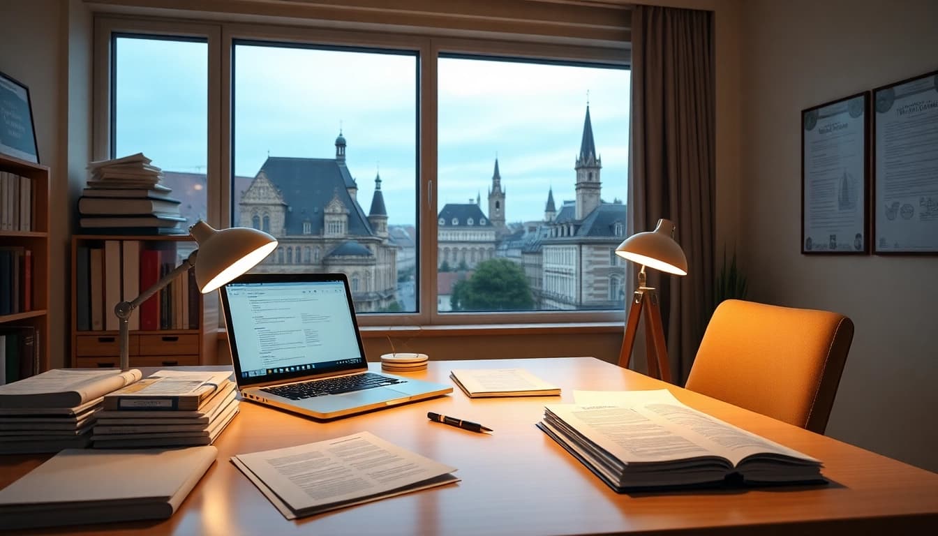 Espace de travail professionnel d'un traducteur assermenté à Strasbourg, équipé d'outils de traduction et d'une vue sur la ville historique.