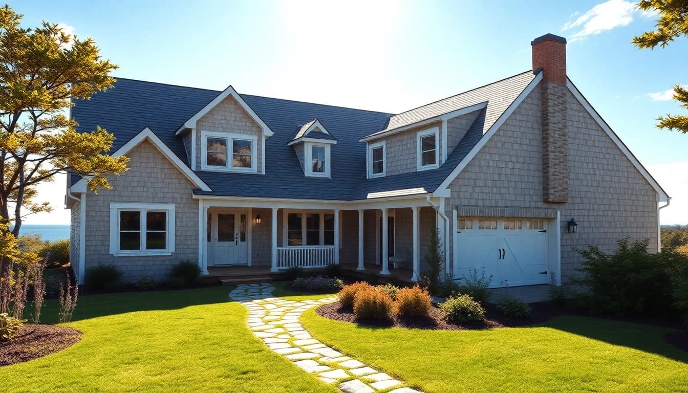 Stylish cape cod home with attached garage showcased in a coastal setting.