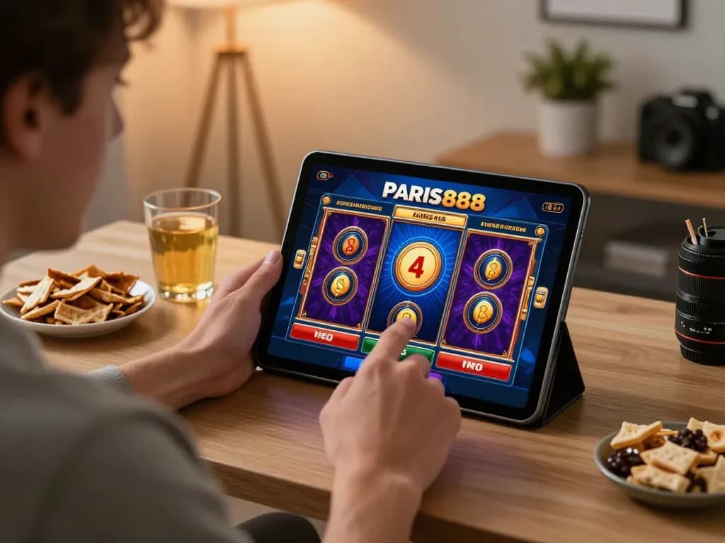 Player enjoying the Paris888 slot game on their tablet in a cozy home setting, showcasing excitement.