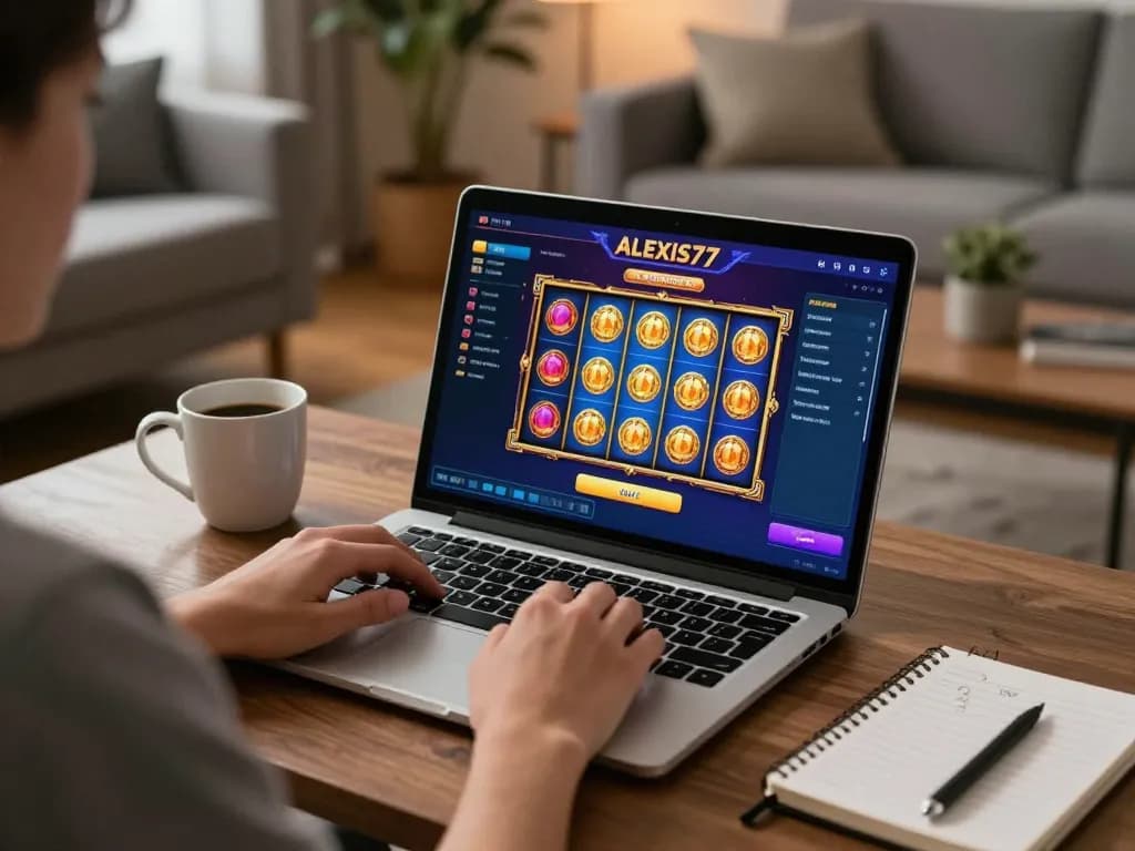 Playing the alexis77 slot on a laptop in a cozy home environment with strategy notes nearby