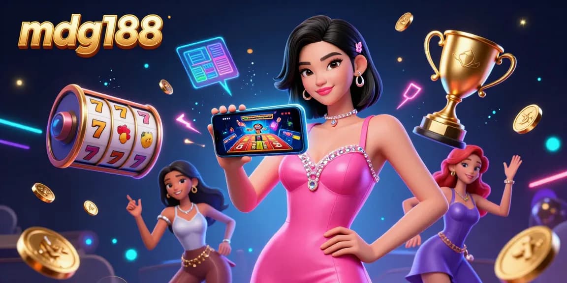 Experience live dealer games with mdg188, highlighted by a stunning woman showcasing vibrant slot elements.