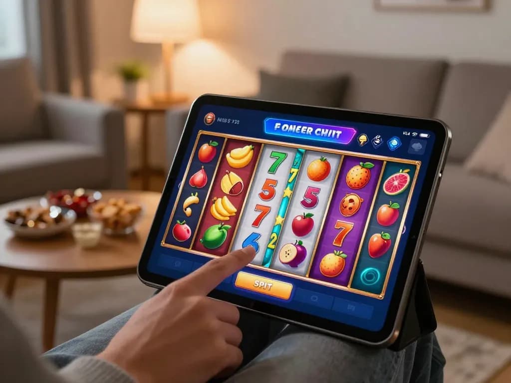 Engaging in slot online gaming on a mobile device, colorful reels spinning with a cozy atmosphere.