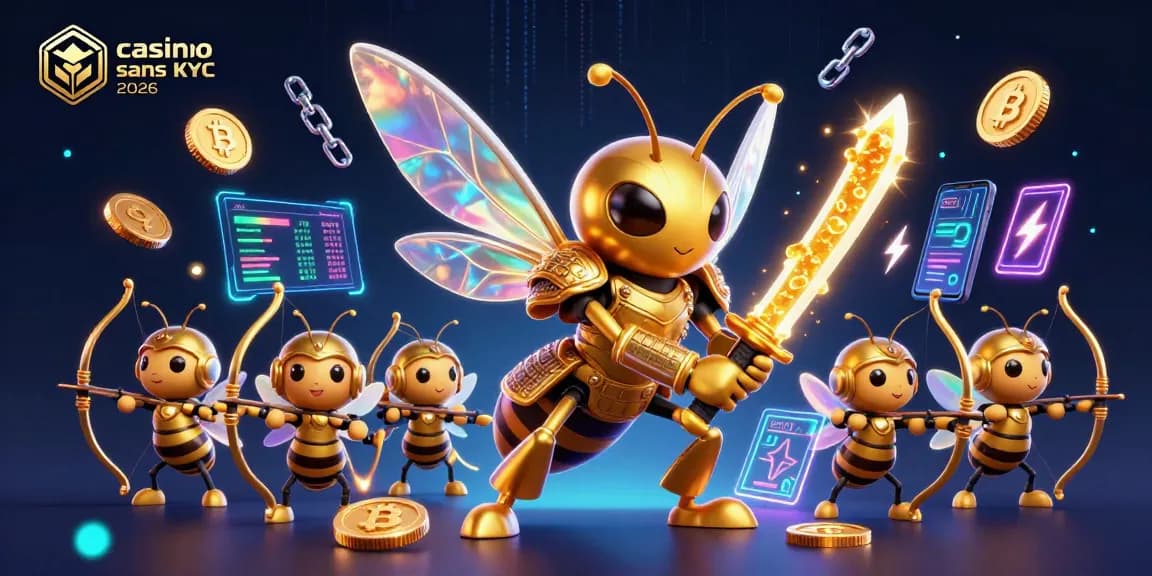 Jouer dans un casino crypto sans KYC 2026 avec des personnages colorés et des pièces de monnaie numériques brillantes.