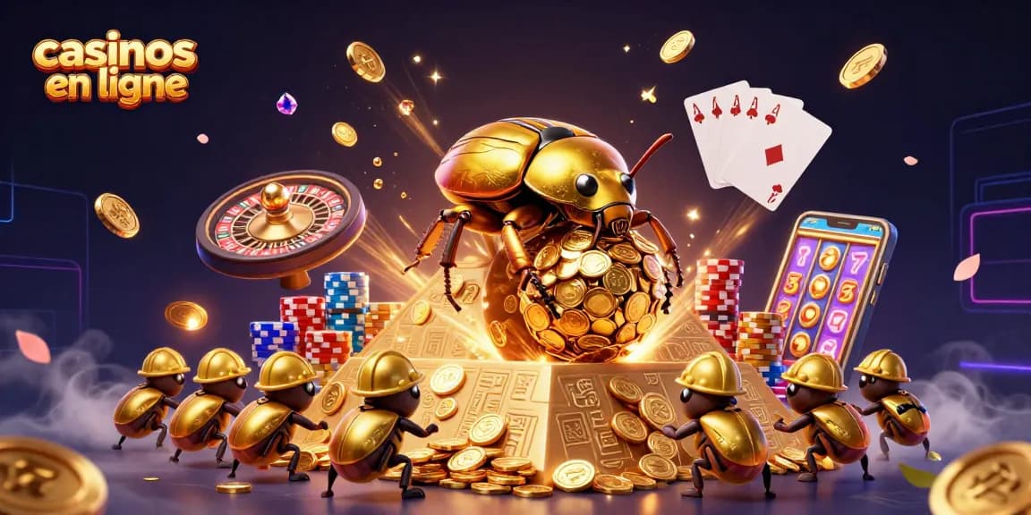 Jouez avec des casinos en ligne et découvrez des machines à sous en or dans cette illustration 3D dynamique.