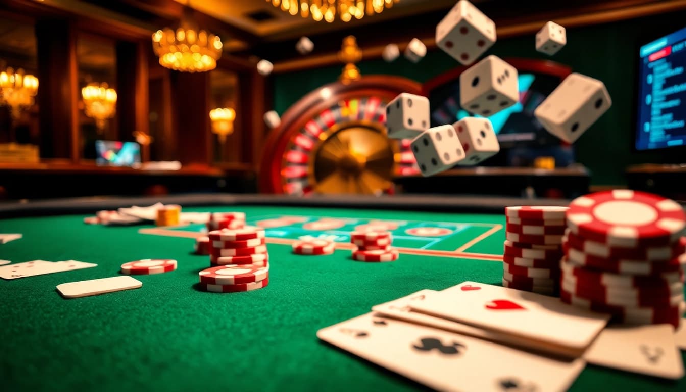 Vivez l'excitation du casino en ligne France avec des jetons de poker et des cartes animés sur une table de jeu en ligne.