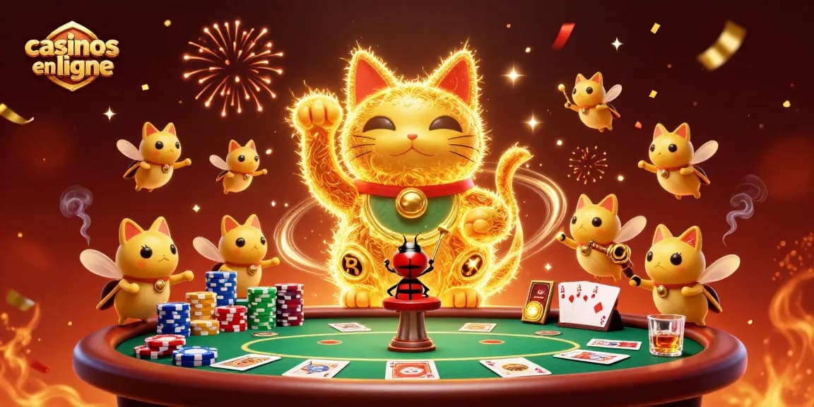 Jouez aux jeux de casinos en ligne avec l'illustration d'une catcheuse chanceuse entourée de symboles de jeu.