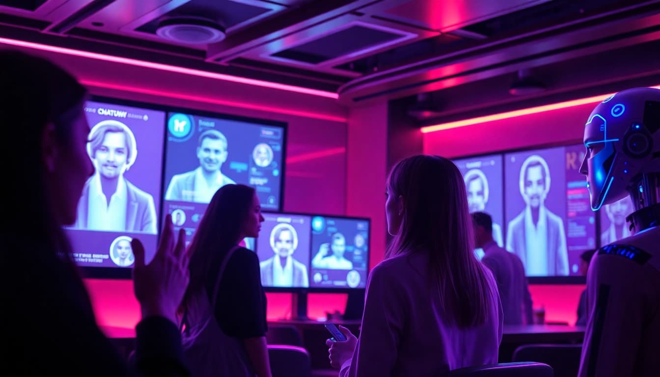 Immersive nsfw ai chatbots engaging users in a futuristic lounge setting