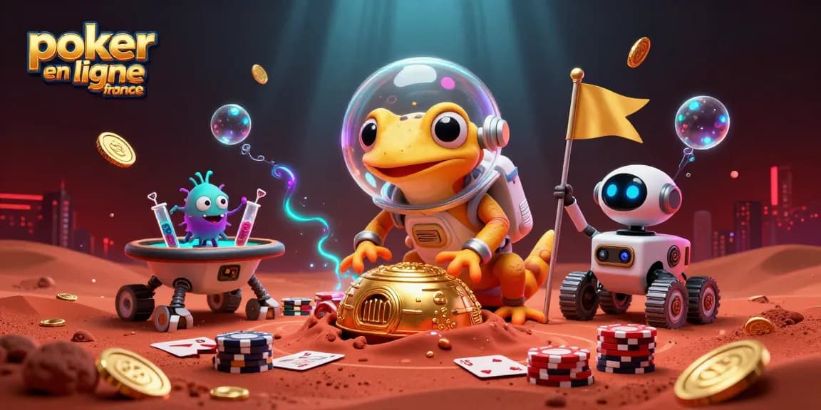 Jouez au poker en ligne France avec des personnages 3D animés autour d'une table de poker.