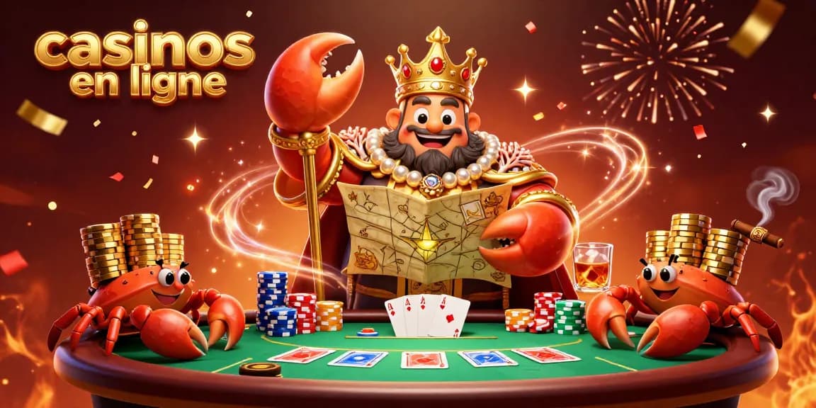 Illustration de casino en ligne avec un crabe empereur doré et des éléments de jeu.