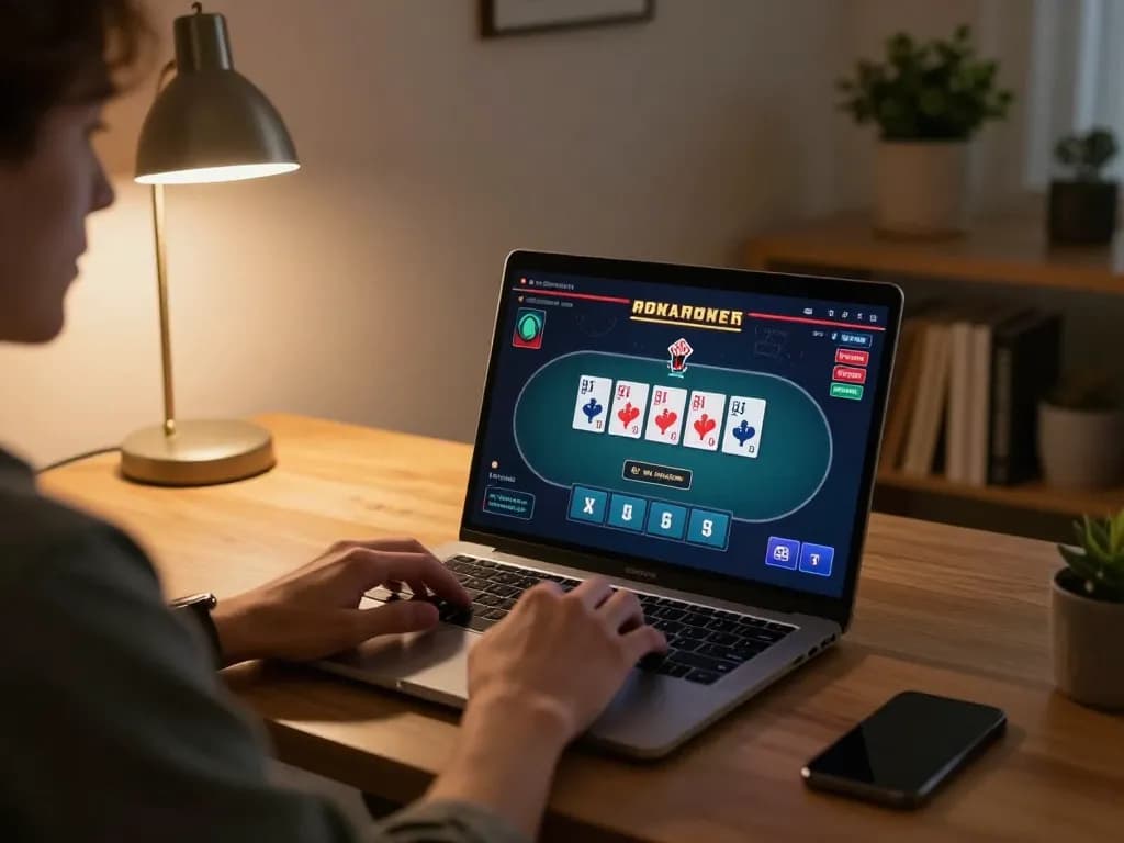 Person engaging in online gaming at nhà cái 388bet with a laptop, focused on strategic poker play.