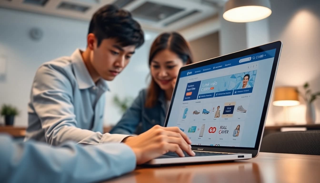 Engage with Link vào C168 showcasing a professional digital marketplace on a sleek laptop.