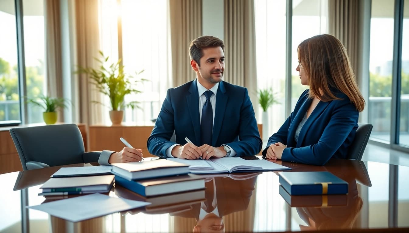 Miami-Dade County litigation Lawyer confidently consults with a client in a professional office.