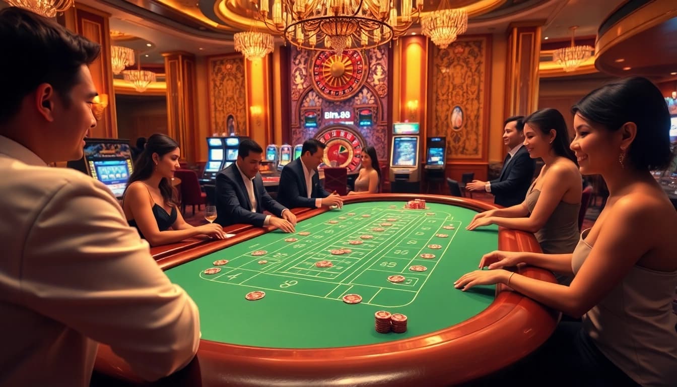 Bin88 players enjoying a high-stakes game at an elegant casino table with vibrant elements.