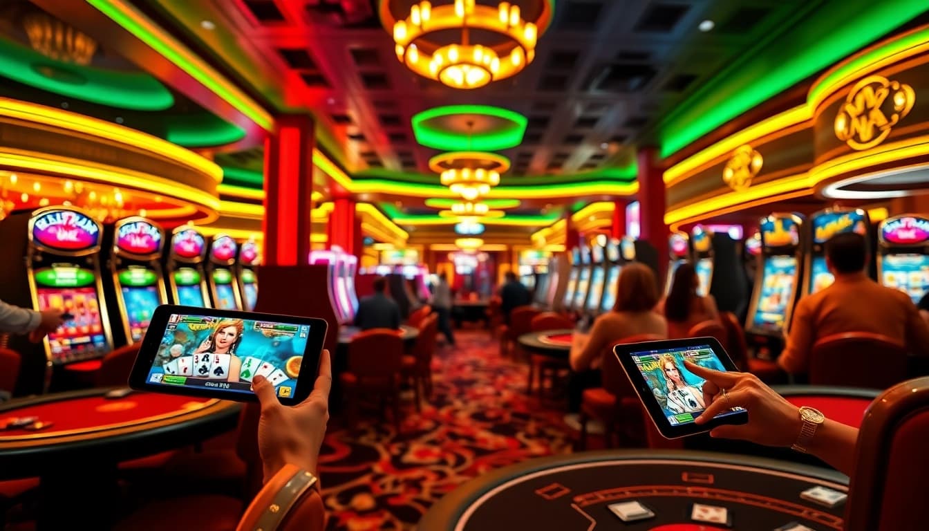 Players enjoying a mobile porn game in a vibrant casino atmosphere with slots and poker tables.