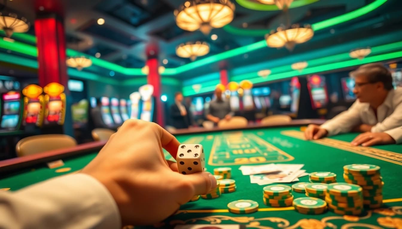 Tài Xỉu shbet dice in action at an exciting casino scene filled with vibrant chips and cards.