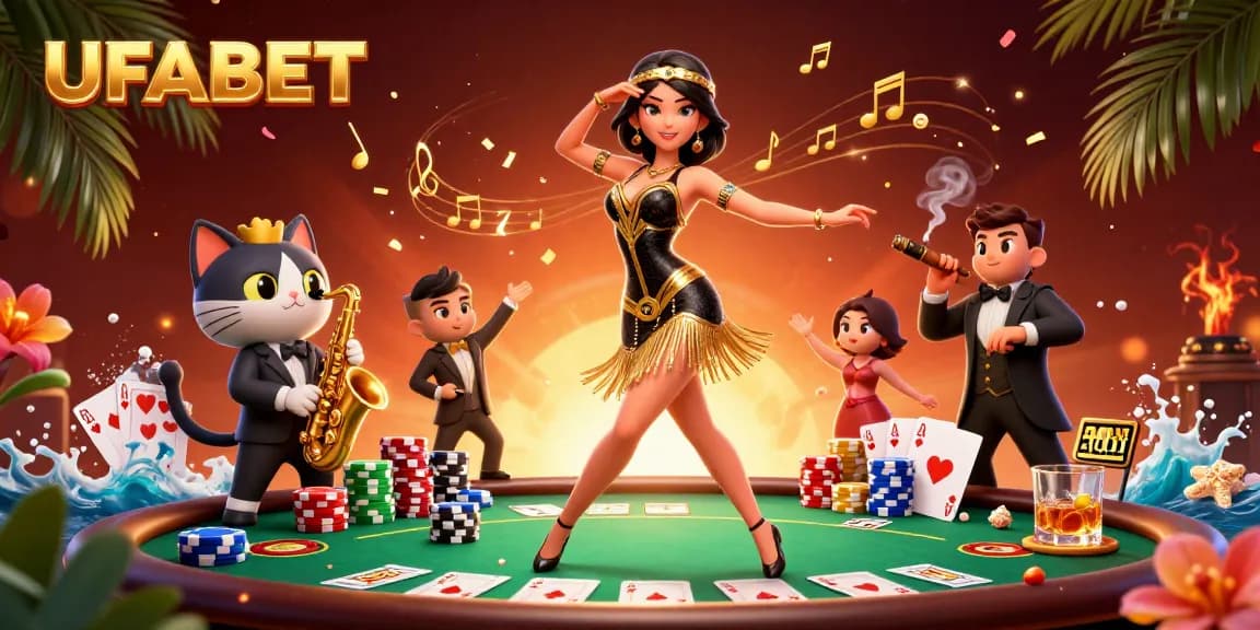 Join the fun at UFABET with this lively 3D illustration of lively casino action featuring poker tables and vibrant characters.