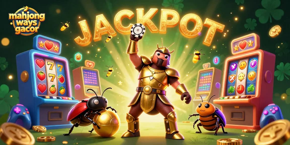 Engage with mahjong ways gacor as the victorious beetle lifts a poker chip in a lively casino scene