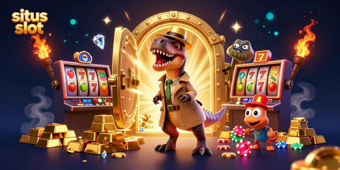 Discover exciting slot games with situs slot in a lively 3D casino setting, showcasing fun cartoon characters.