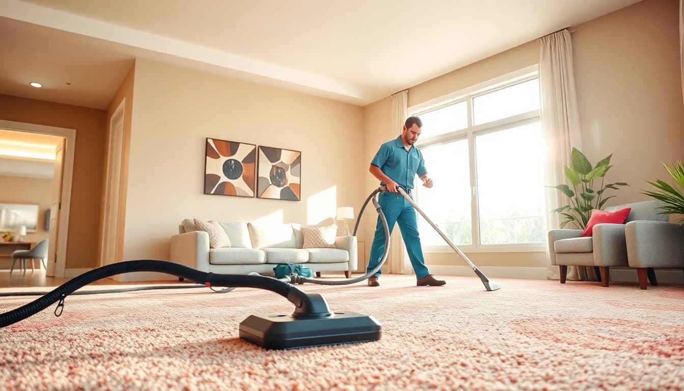 Carpet cleaning near me by a professional in a bright living room.