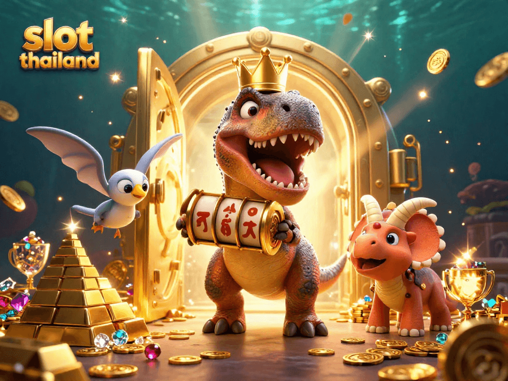 Menangkan jackpot di slot thailand bersama dino lucu dalam ilustrasi kasino yang ramai.