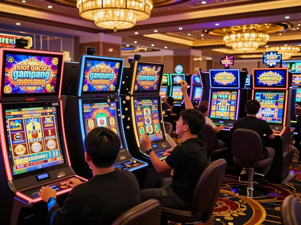 Players celebrating a win at slot machines, showcasing vibrant 'slot gacor gampang menang' action in a lively casino atmosphere.