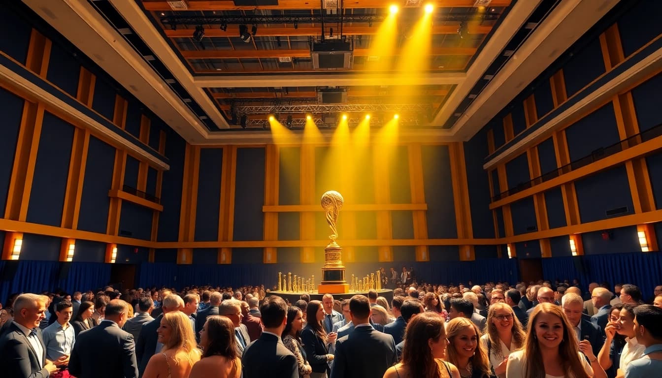 Award winners celebrating at the construction awards ceremony in a glamorous setting.