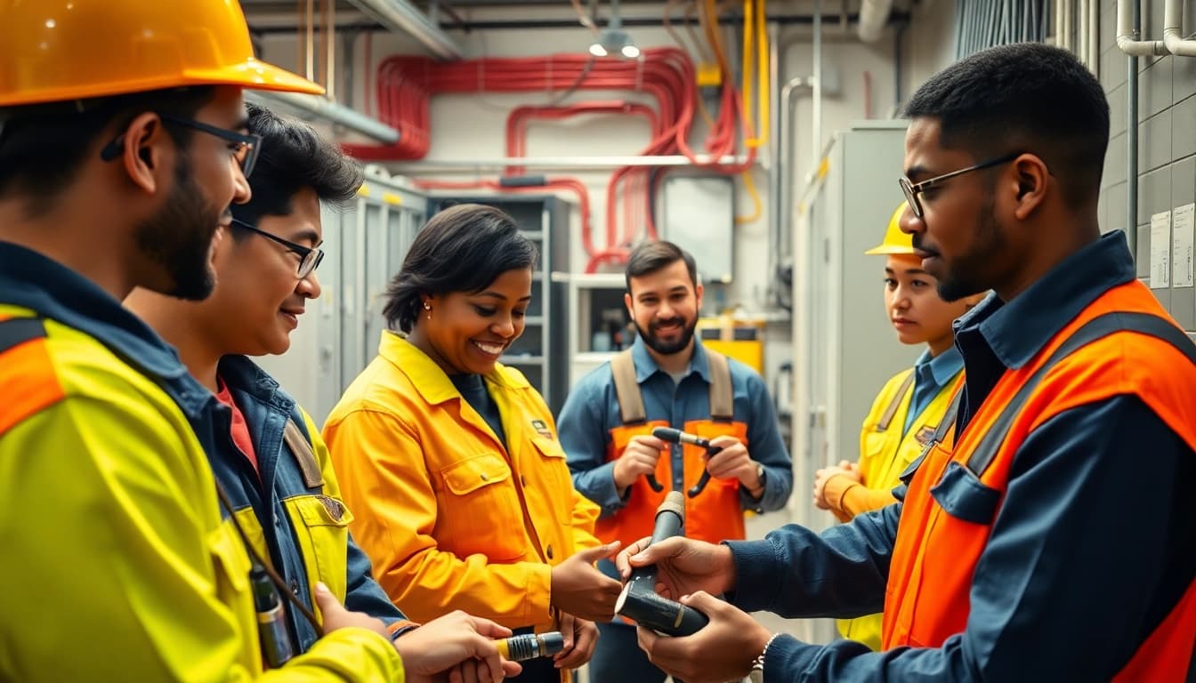 Electrician apprentices working together in a training workshop, highlighting electrical apprenticeship