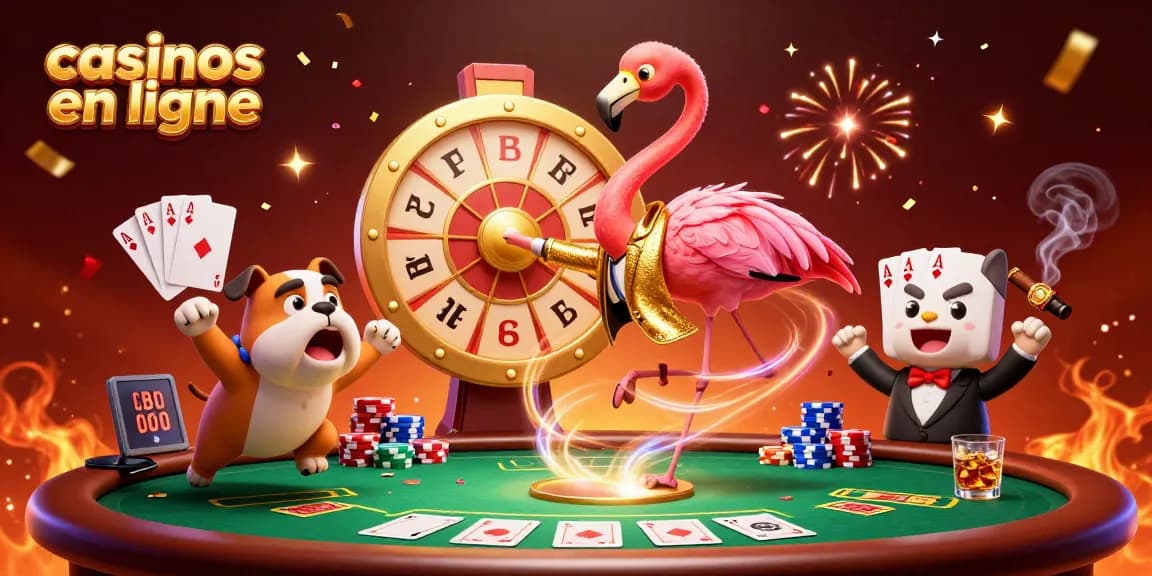 Jouez aux casinos en ligne avec une illustration dynamique de personnages de jeu et des éléments de jeu excitants.