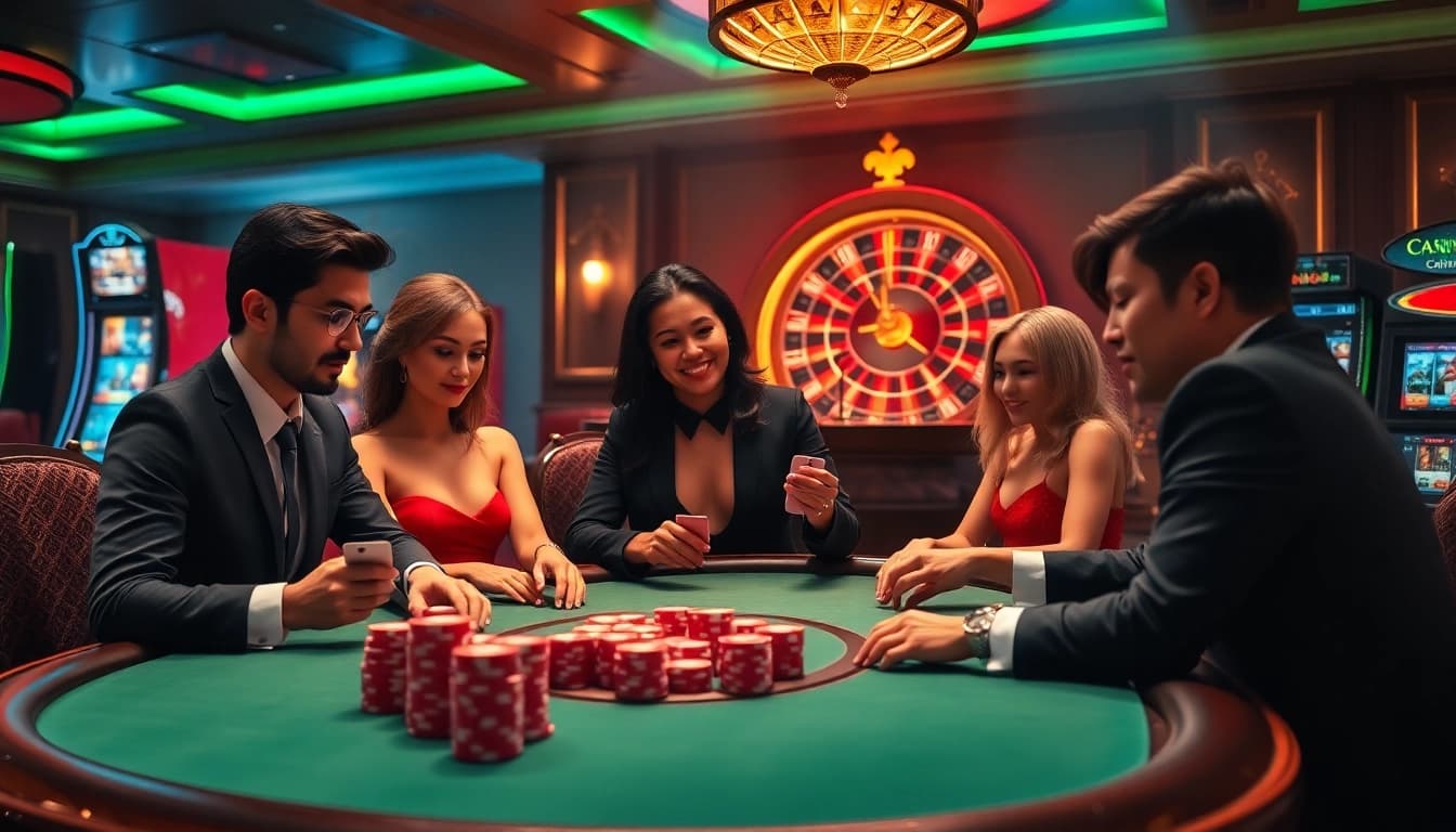 Enjoying a game at the casino featuring link 188bet amidst poker chips and cards.