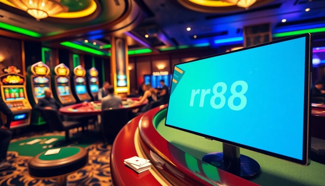 Experience an exciting atmosphere at RR88 link with casino tables, lively players, and vibrant decor.