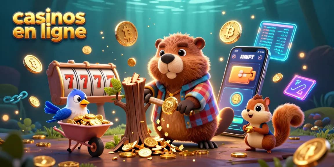 Dans les casinos en ligne, un castor bûcheron collecte des pièces d'or sous une pluie de jetons