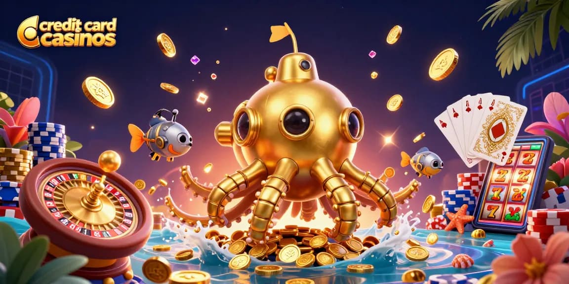 Experience the thrill at credit card casinos with a golden kraken and dazzling gaming elements.