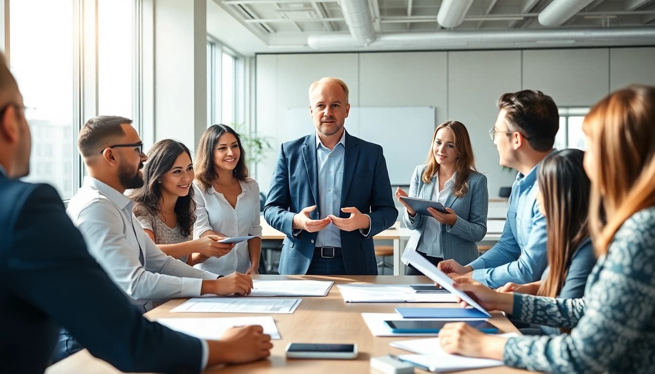 Crisis management consultant leading a strategic planning session with a diverse team.