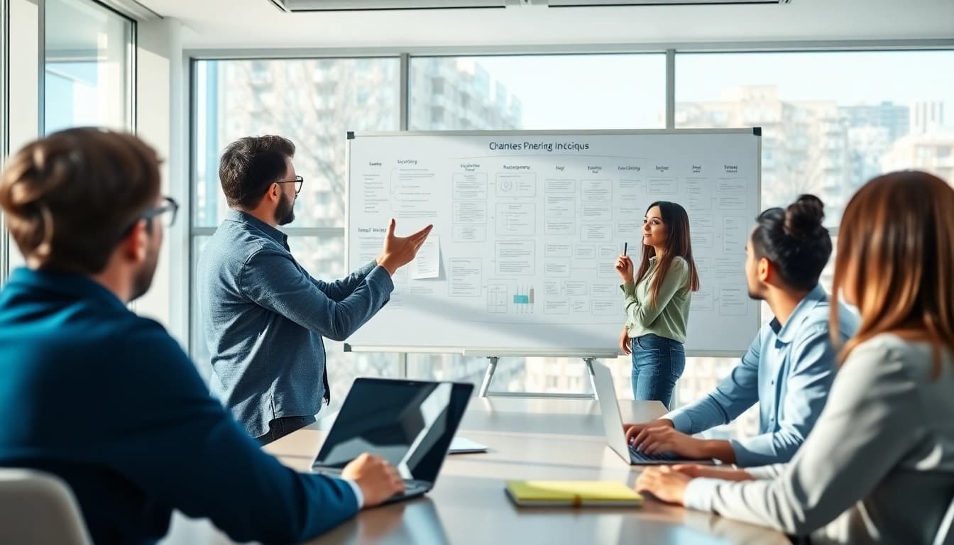 Engaging business coaching service session with professionals in a bright conference room.