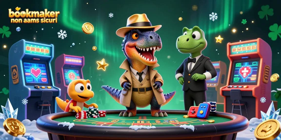 Giocatori ed elementi di un bookmaker non AAMS sicuri in un'illustrazione vivace e dinamica.