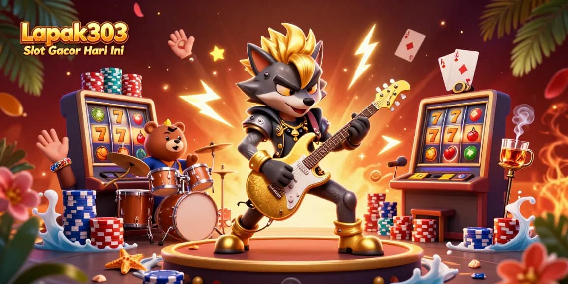 Spin the reels with Lapak303 Slot Gacor Hari Ini, a lively casino scene featuring a rock star wolf and vibrant gaming elements.
