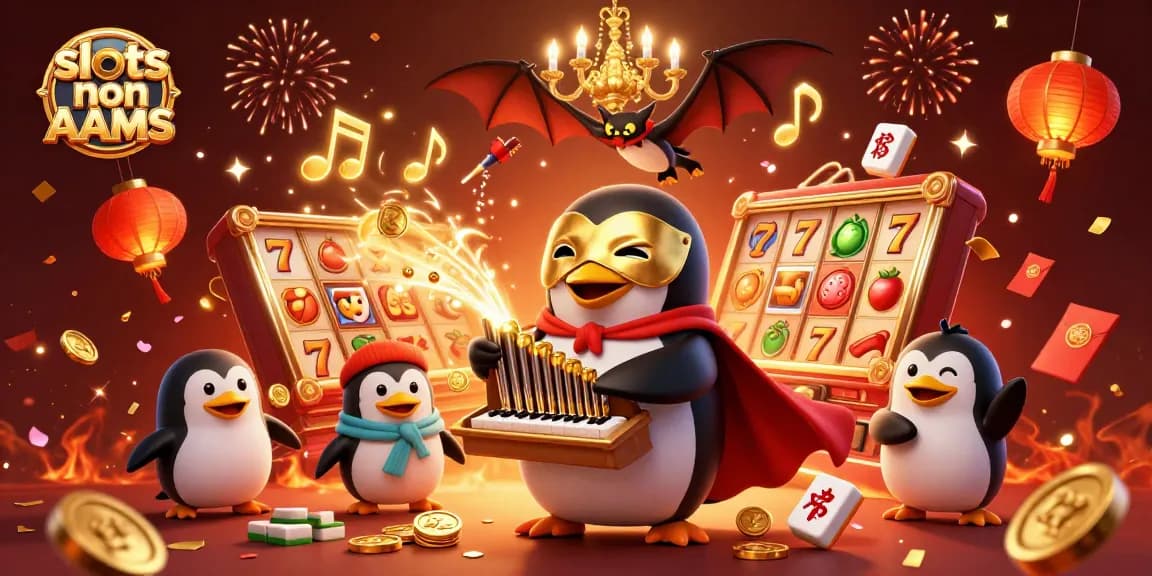 Gioca alle slot non AAMS con un pinguino fantasma mentre lancia monete d'oro tra fuochi d'artificio.