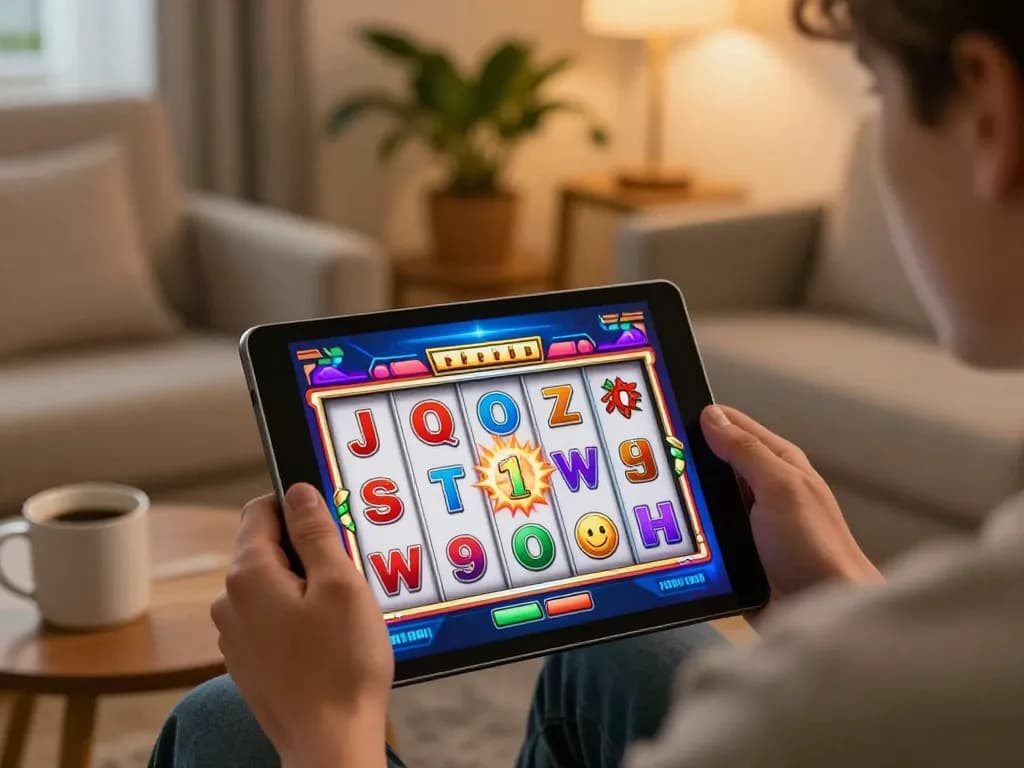 Player celebrating a slot win on a tablet in a cozy home setting with vibrant reels.