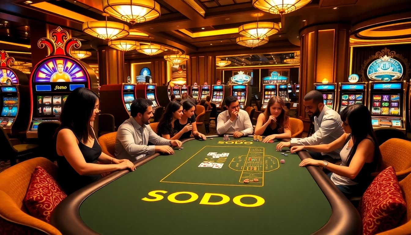 SODO casino players strategizing over an exciting poker game with vibrant slot machines in the background.
