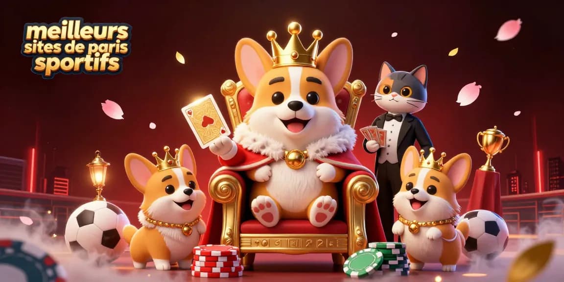 Découvrez les meilleurs sites de paris sportifs avec un corgi royal sur un trône de jetons, entouré d'éléments de paris sportifs.