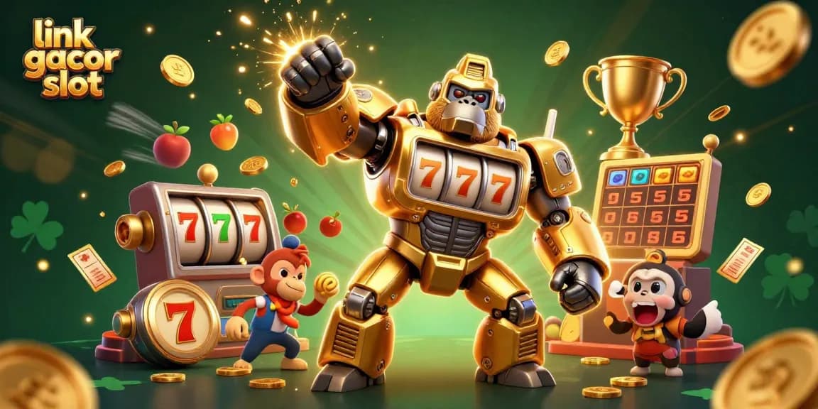 Engage with link gacor slot in this dynamic 3D scene featuring a golden gorilla mech and spinning slots.